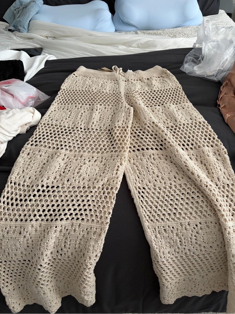 Aerie Cream Crochet Wide-Leg Pants